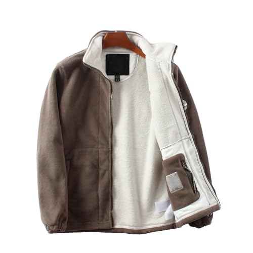 AQWEI Men's Double-Layer Fleece Hooded Jacket, Winter Fleece Double-Sided Polar Fleece Windproof Jacket (Khaki,XL)