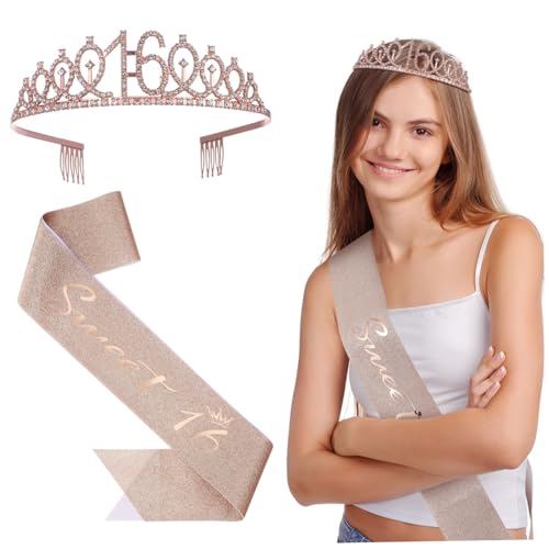 Healeved 1 Ensemble Sangle Couronne Bandeau Paillette Anniversaire Décorations Rose Fille Bandeau Et Ceinture Accessoire Seize Tiare Enfants Couronnes De Reine Pour Les Femmes Alliage