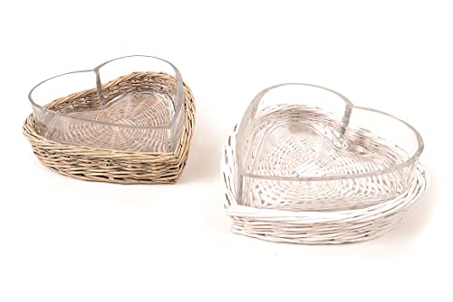 Generico PIROFILA in Vetro Forma Cuore con Vassoio in Vimini 20X23X7,5 CM H (Naturale)