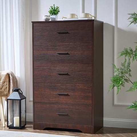 Dark Cherry Dresser for Bedroom Wooden, 5 Drawer Dressers & Chests of Drawers, Modern Wood Tall Dresser, 47 Inches Tall Chest of Drawers for Bedroom, Hallway, Living Room Cover