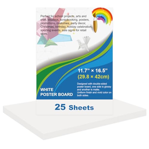 Image of 25 Pcs White Poster Board Paper 11.7 x 16.5, ROOKEA White Vision Boards Bulk Smart Posterboard Blank Graphic Display Card Paper for Drawing Artwork School Arts Crafts Classroom Projects Scrapbooking