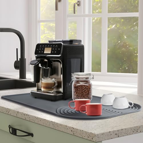 Silicone Coffee Mat, 24''x16'' Coffee Bar Mat with Raised Edges, Fit Coffee Beverage Bar Accessories, Kitchen, Espresso Machine, Dish Rack and Drying Mat ? (Grey, 24''x16'')