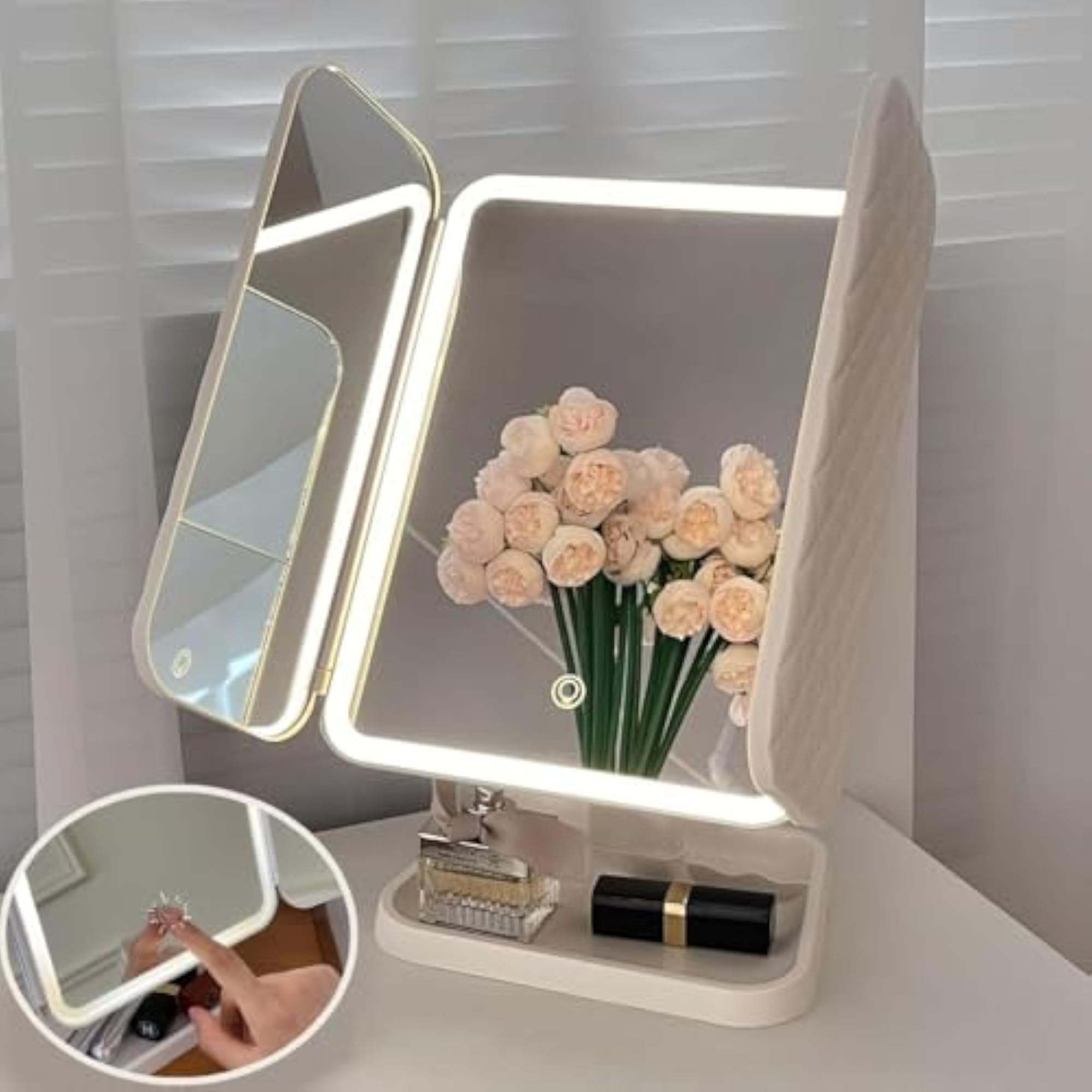 Portable Folding Makeup Mirror with Storage Compartments