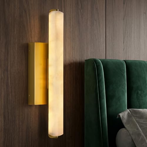 Image of 15in Alabaster Wall Sconces Brass Alabaster Sconce Spanish Marble Bathroom Vanity Sconces Modern Wall Light for Living Room Bedroom Staircases Indoor Gold