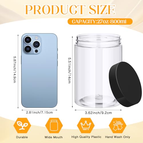 Image of Patelai 4 Pcs Plastic Jars Wide Mouth with Lids,27 Ounce,Black | Travel Size for Creams Oils, Clear Round Storage Cosmetics Containers, Leak Proof Screw on Lids for Makeup Beauty DIY
