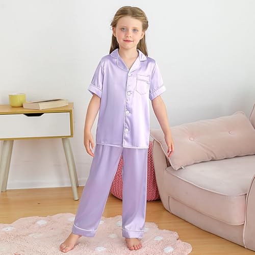 Weixinbuy Girls Pajama Set Silk Satin Pajamas for Kids Girls Boys Button Down Pjs Set Casual Sleepwear Loungewear Gifts4