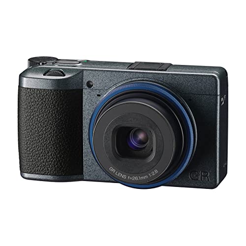 Image of Ricoh GR IIIx Urban Edition, Metallic Gray Body with Navy Blue Ring, Digital Compact Camera with 24MP APS-C Size CMOS Sensor, 40mmF2.8 GR Lens (in the 35mm Format) | 24.2MP Aps-C, 40mm F /2.8 Gr Lens, 3-Axis 4-Step Sr, Gr Engine 6, Metallic Gray Body with Navy-Blue Ring