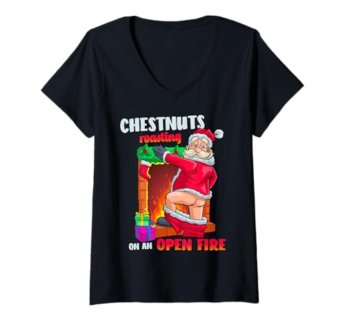 Womens Chest Nuts Roasting Funny Naughty Santa Dirty Food Pun Xmas V-Neck T-Shirt