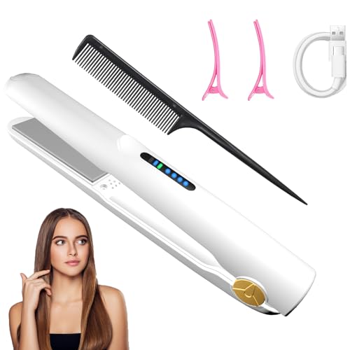 LOUIKAY Kabelloser Haarglätter 2 in 1 Lockenwickler, Mini Glätteisen Wiederaufladbares USB Glätteisen, Negative Ionen Mini Reiseglätter mit 3 Temperaturen 160/180/200℃ für kurzes & langes Haar (Weiß)