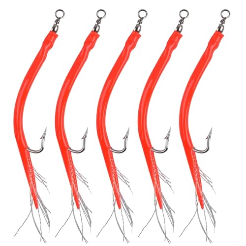 Juego de 5 cebos de tubo con ganchos de pulpo de púas con diseño de gancho compensado de vástago para pesca de bacalao (rojo 10)