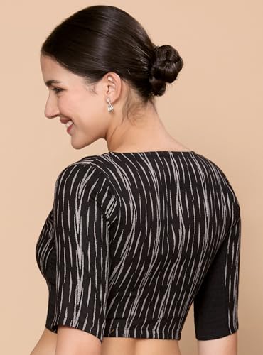 Image of Studio Shringaar Women's Cotton Half Sleeves Ikat Stretchable (Smocked) Readymade Saree Blouse