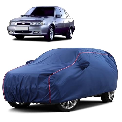 Image of Sulfar 100% Water Resistant Car Body Cover Compatible with Mirror for Daewoo Cielo (Triple Stitched, Full Bottom Elastic, Blue Taffeta with Red Piping)
