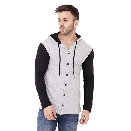 Image of Geum Men's Full Sleeve Hooded T-Shirt with Button-Down Front | Casual Slim Fit Cotton Shirt-Style Tee