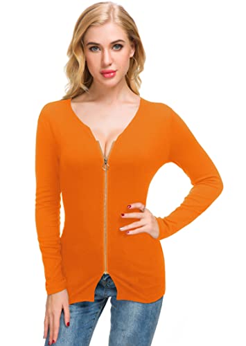 Image of Afibi Women V Neck Zip Front Long Sleeve Casual Top Blouse Shirt /Cardigan