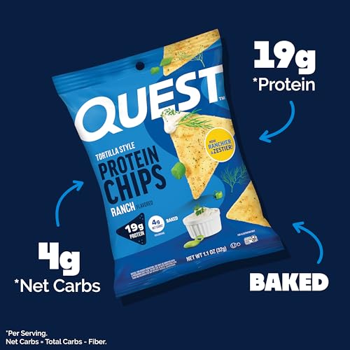 Image of Quest Nutrition Ranch Tortilla Style Protein Chips, 19g Protein, 4g Net Carb, High Protein, Low Carb, Gluten Free, 1.1 Ounce (Pack of 4)