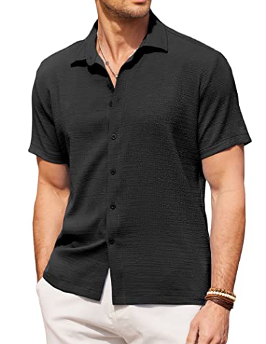 Coofandy Men's Camp Shirts Casual Lightweight Beach Button Up Short Sleeve Shirt Black #TOP15