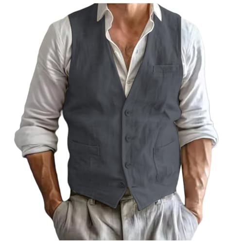 Mens Linen Vest Business Casual V Neck Suit Vest Groom Summer Beach Wedding Party Waistcoat