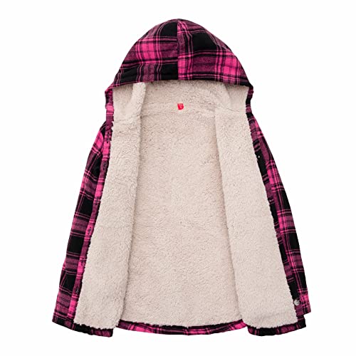 Image of ThCreasa Girls Sherpa Lined Plaid Button Hooded Jacket | Fully Interior Lined, Button Up, Flannel Outer, Family Photo Ready, School To Holiday Events, Fall Winter Shacket With Hood