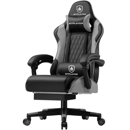 GTPLAYER Gaming Stuhl - Ergonomischer Bürosessel mit Verstellbarer Lordosen-/Kopfstütze & Fußstütze, 150 kg Belastbarkeit, Grau | Gaming Chair, PC Stuhl, Schreibtischstuhl
