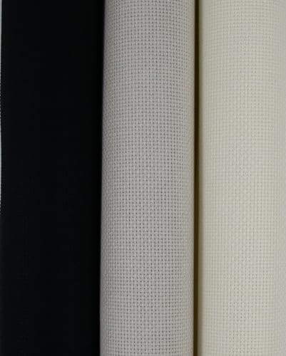 Image of KCS 3 pc of 15 inch x 18 inch(38cmx45cm) Counted Cross Stitch Cotton Aida Cloth Needlework Rolled Fabric Box,16CT,Antique White+Pearl Grey+Black