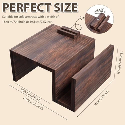 Couch Arm Table Tray with 360° Phone Holder Side Storage Pocket 3 in 1 Couch Armrest Table Wooden Clip-On Sofa Arm Tray Table for Living Room TV Dinners Eating Drinks Snacks (Brown) by Stuffygreenus - Used condition - Image 2