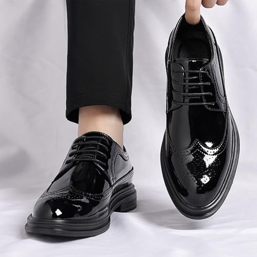 Men's Black Patent Leather Wingtip Dress Oxford Shoes Classic Modern Lace-up Plain Toe Business Casual Brogue Leather Shoes4