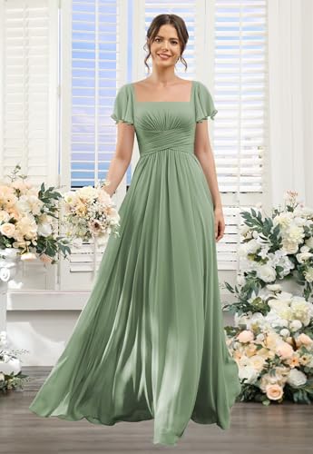 Women's Flutter Sleeves Bridesmaid Dress with Slit Chiffon Formal Evening Gowns Hi0013