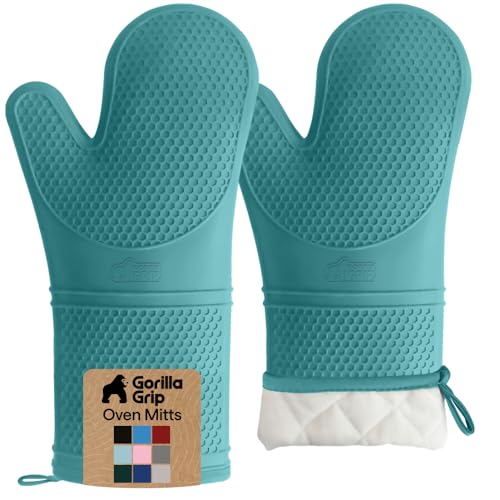 Image of GORILLA GRIP BPA-Free Soft Silicone Oven Mitts, 14.5x8.3, Heat Resistant and Waterproof Cooking Gloves, Thick Cotton Lining, Flexible Gripping for Baking Grilling, Kitchen Potholders Set, Turquoise