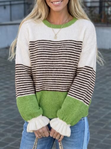 Saodimallsu Womens Striped Ruffle Sleeve Pullover Sweaters 2026 Fall Trendy Slouchy Color Block Preppy Sweater Tops Green — view 2