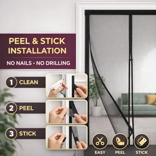 Image of Divayanshi Magnetic Mosquito Door Net 210x100 cm Black, Heavy Duty Fiberglass Mesh Screen with 18 Powerful Magnets, Automatic Closure, Washable Curtain & Self Adhesive Velcro Tape