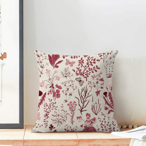 Image of Christmas Pillow Covers 18x18 Inch Set of 2,Burgundy Red Wild Flower Plant Throw Pillows Case,Seasonal Floral Outdoor Decorative Square Linen Farmhouse Decor Cushion Covers for Home Sofa bed Couch