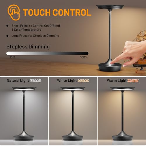 Image of LED Cordless Table Lamp 6000mAh Rechargeable Battery Outdoor Light Black | Cordless Portable Waterproof, 3 Color Stepless Dimmable, LED Lights Memory Function For Patio Restaurant Bar Dining