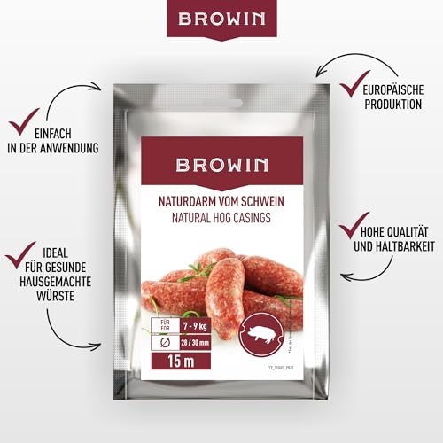 BROWIN® Naturdarm für Wurst | Premium Naturdarm für hausgemachte Würstchen, Wacholderwurst, Weißwurst, Bratwurst (Kaliber 28/30 mm, 15 m, Schweinedarm)