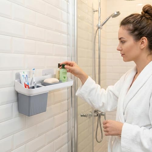 Image of HAPPI Soap Stand for Bathroom - Self-Adhesive Wall-Mounted Soap Case with Glass Tumbler, Tooth Brush Holder & Bottle Space Shelf Tray, Soap Dish Holder for Bathroom Organizer (White /Grey)