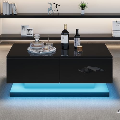 BTM Table Basse Noire laquée Brillante de 90 x 50 x 38 cm, Console avec 2 tiroirs, équipée d'un éclairage LED d'ambiance contrôlable Via Une Application...