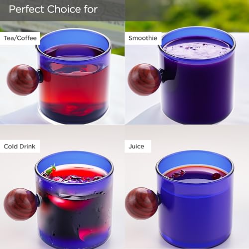 Image of UMAI Borosilicate Glass Coffee Mug with Wooden Handle | Tea Cups Set of 2 (120ml Each) | High Heat Resistance | Microwave and Dishwasher Safe | Ideal Gifts for Friends /Family /Couples (Blue)