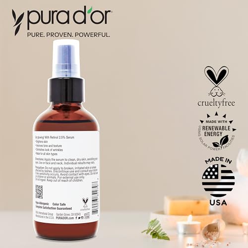 PURA D'OR Retinol Serum Nighttime Facial Skincare – 3.3 oz Overnight Treatment Featuring Aloe Vera Botanical Extracts, Lightweight Fast-Absorbing Hydration for Smoother-Looking Texture, Tone, Radiance