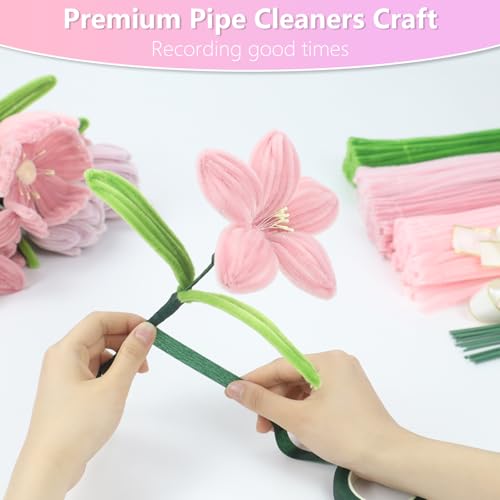 Image of 400 Pcs Pipe Cleaners Craft, 4 Assorted Colors Pipe Cleaners Bulk | Chenille Stems for DIY Flower Making Kit with Floral Wires, Gardening Tape,Stamen& Ribbon (Pink)