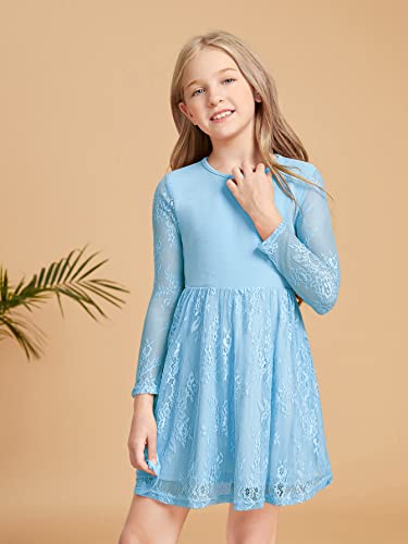 WDIRARA Girl's Floral Lace Panel Long Mesh Sleeve Round Neck Keyhole Back Formal Flared A Line Short Dress3