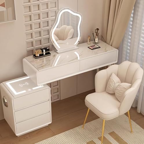 Mesa de tocador blanca con espejo y luces LED, 3 modos de iluminación, brillo ajustable, escritorio de maquillaje con cajones, ideal para dormitorio, niñas y mujeres