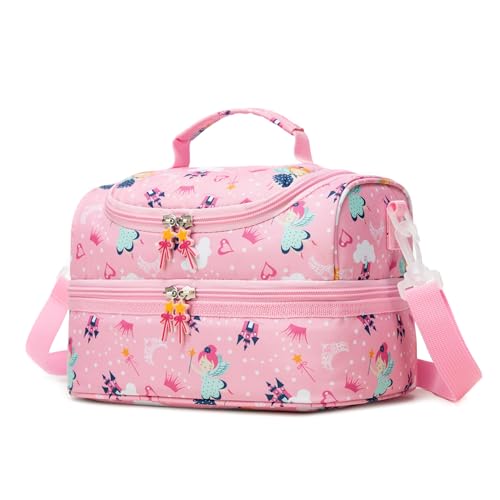 Image of Insulated Kids Dual Compartment Lunch Bags for Girls Toddler School Daycare Cooler Lunch Boxes Bento with Strap Pink Fairy