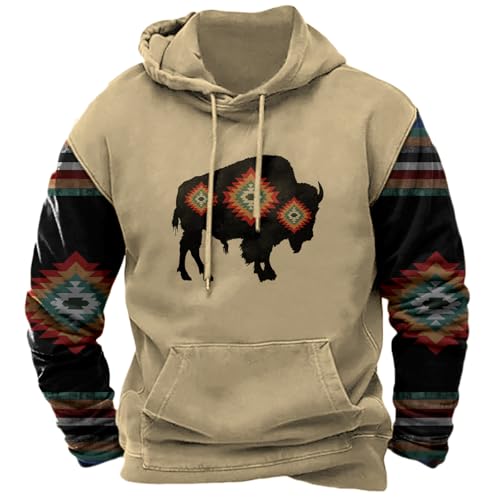 HOTYD Aztec Cowboy Mens Hoodie Vintage Western Bull Graphic Country Hoodies for Men Pullover Casual Long Sleeve Hooded