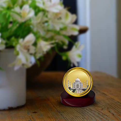 Image of DIVINITI 24K Gold Plated Taj Mahal Metallic Idol for Home Decor, Pooja Room, Office Desk & Car Dashboard | Premium Religious Gift with Wooden Stand for Blessings & Positivity|5.5 x 5.0 CM