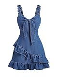 WDIRARA Women's Tie Front Ruffle Denim Cami Dress Frill Trim Sleeveless Short Dress Medium Wash Large