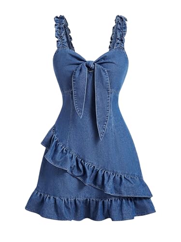 WDIRARA Women's Tie Front Ruffle Denim Cami Dress Frill Trim Sleeveless Short Dress Medium Wash Medium