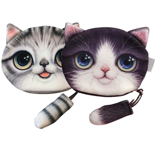 Cat Coin Purse 2Pcs Double-Side Cartoon Cat Wallet Tail Zipper Cat Purse for Girls Portable Digital Print Cute Plush Coin Purse Gifts for Women Cat Purse for Girls Cute Coin Purse Cat Wallet Plush Co