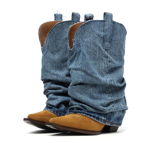 Arqa Women's Suede Western Cowboy Boots Pointed Toe Chunky Heel Fold Over Ankle Boots Wide Calf Pull-on Embroidery Cowgirl Booties4