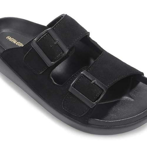 Image of Liberty Healers VAL-36E Slippers for Men - Black & Tan Faux Suede Slip-On Casual Slippers | Soft Cushioned Footbed, Lightweight Everyday Footwear for Home, Daily, Indoor & Casual Wear