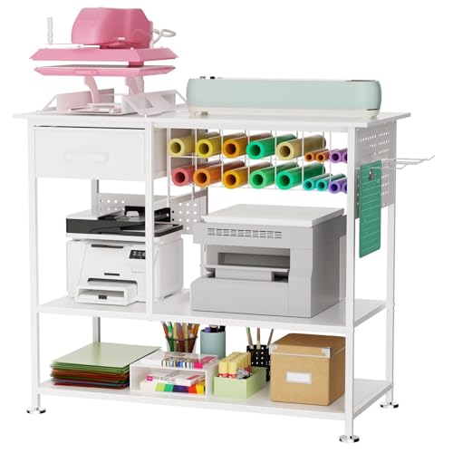 Large Heat Press Table with Power Station Pegboard and Hooks 3 Tier Heat Press Stand Desk Cart with Vinyl Storage and Drawer Metal Mobile Workbench for DIY Sublimation T-Shirts Caps Heat Transfer