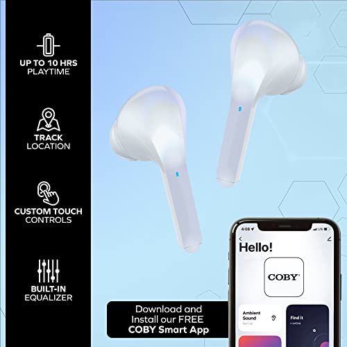 Coby Noise Canceling Earbuds Wireless, White |Wireless Headphones Bluetooth Earbuds | Bluetooth Headphones Touch Controls, Lost Tracker |Noise Canceling Headphones Wireless Bluetooth, Up To 10-Hr Play #TOP3